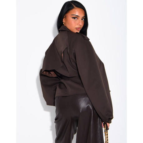 Short trench coat with a stand-up collar, ties at the waist