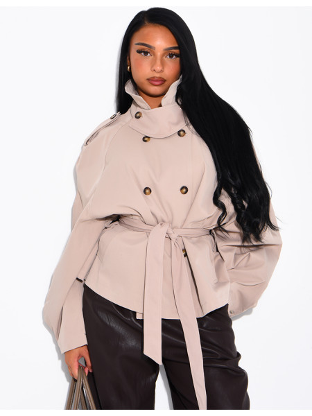 Short trench coat with a stand-up collar, ties at the waist