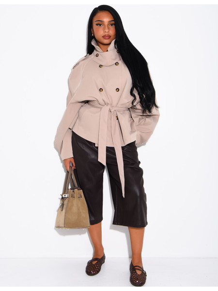 Short trench coat with a stand-up collar, ties at the waist