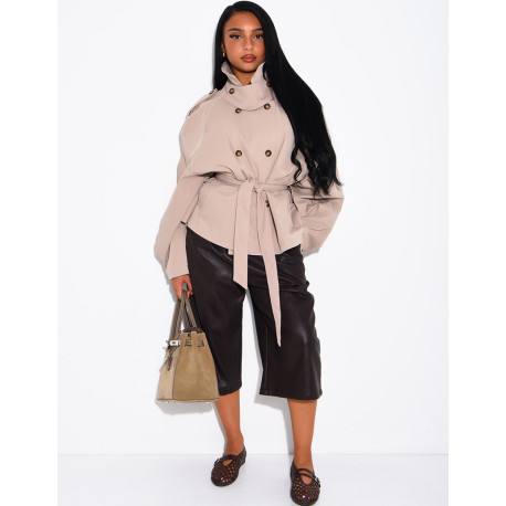 Short trench coat with a stand-up collar, ties at the waist