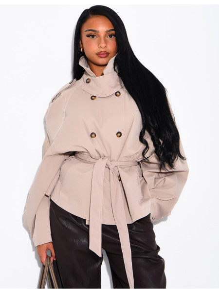 Short trench coat with a stand-up collar, ties at the waist