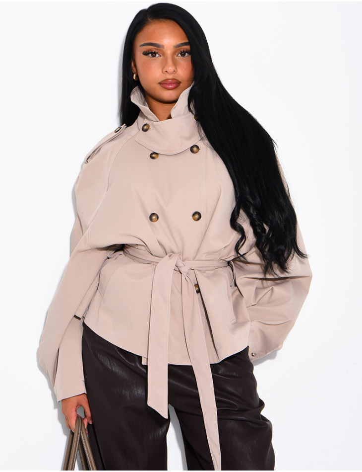Short trench coat with a stand-up collar, ties at the waist