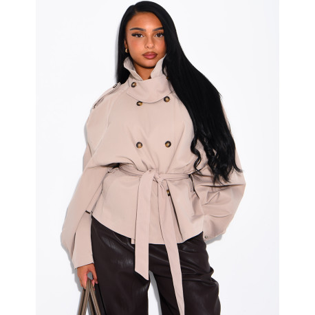 Short trench coat with a stand-up collar, ties at the waist