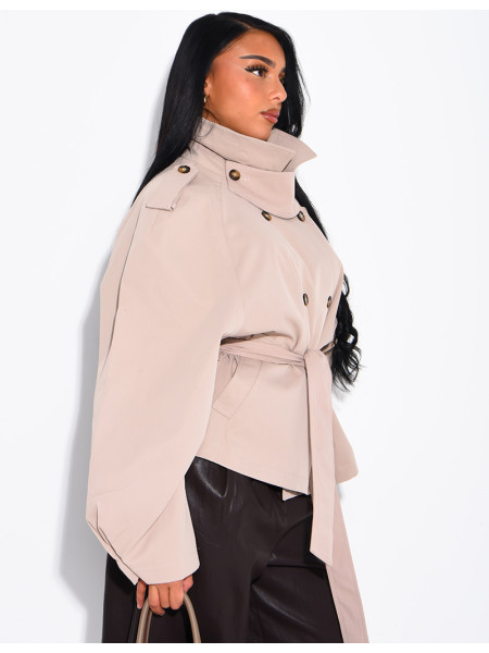 Short trench coat with a stand-up collar, ties at the waist