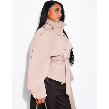 Short trench coat with a stand-up collar, ties at the waist
