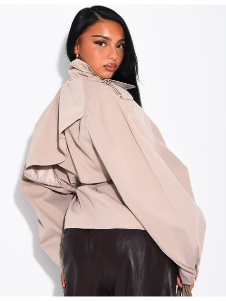 Short trench coat with a stand-up collar, ties at the waist