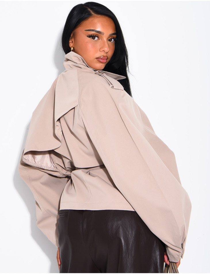 Short trench coat with a stand-up collar, ties at the waist