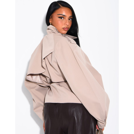 Short trench coat with a stand-up collar, ties at the waist