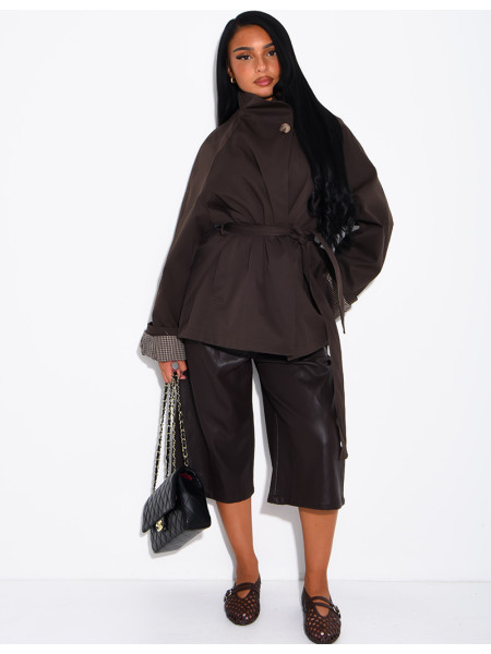 Mid-length belted trench coat with a stand-up collar, checked lapels and checked sleeves