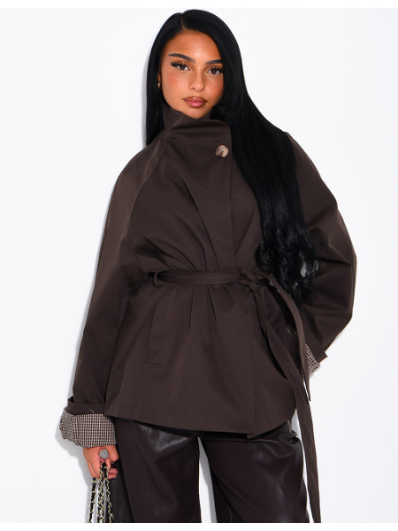 Mid-length belted trench coat with a stand-up collar, checked lapels and checked sleeves