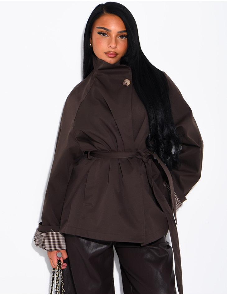 Mid-length belted trench coat with a stand-up collar, checked lapels and checked sleeves