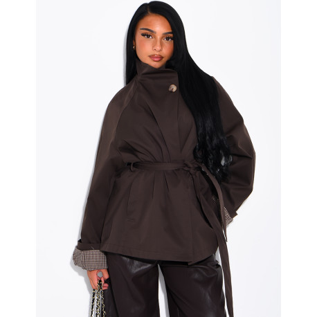 Mid-length belted trench coat with a stand-up collar, checked lapels and checked sleeves