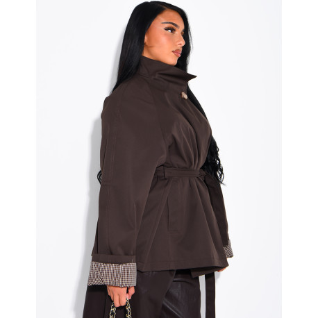 Mid-length belted trench coat with a stand-up collar, checked lapels and checked sleeves