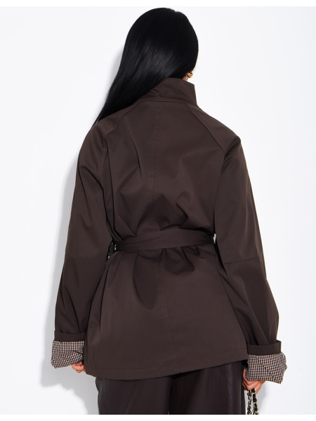 Mid-length belted trench coat with a stand-up collar, checked lapels and checked sleeves