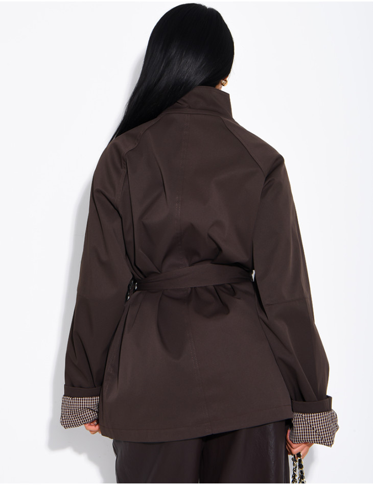 Mid-length belted trench coat with a stand-up collar, checked lapels and checked sleeves