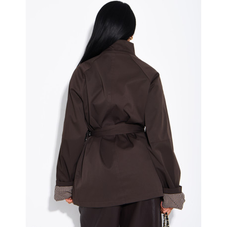 Mid-length belted trench coat with a stand-up collar, checked lapels and checked sleeves