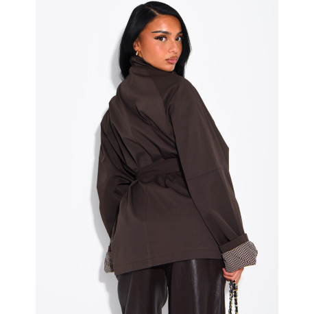 Mid-length belted trench coat with a stand-up collar, checked lapels and checked sleeves