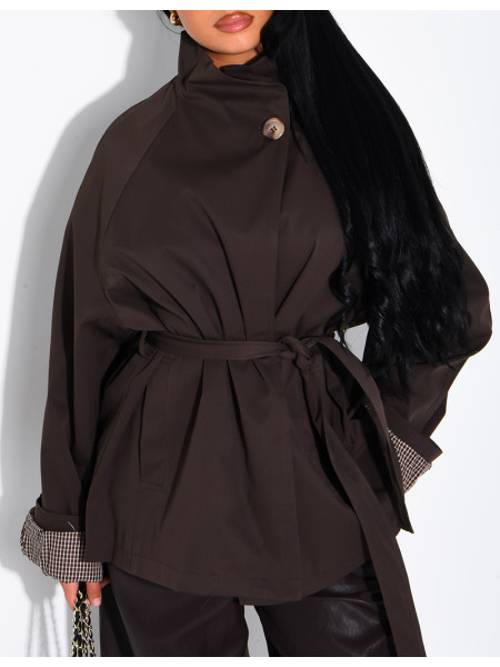 Mid-length belted trench coat with a stand-up collar, checked lapels and checked sleeves