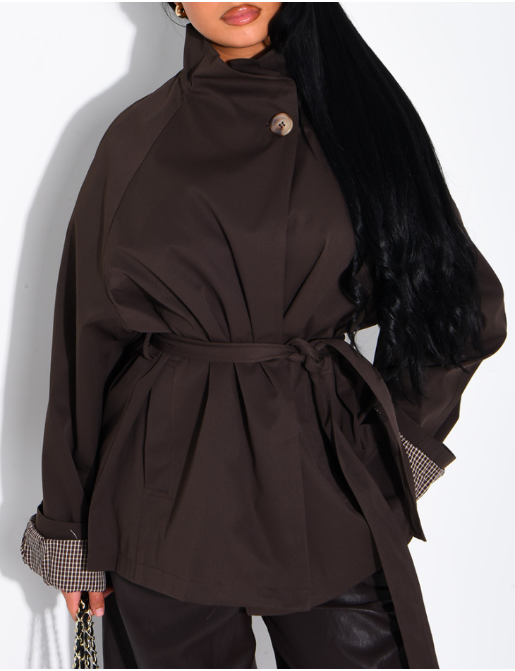 Mid-length belted trench coat with a stand-up collar, checked lapels and checked sleeves