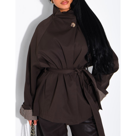 Mid-length belted trench coat with a stand-up collar, checked lapels and checked sleeves