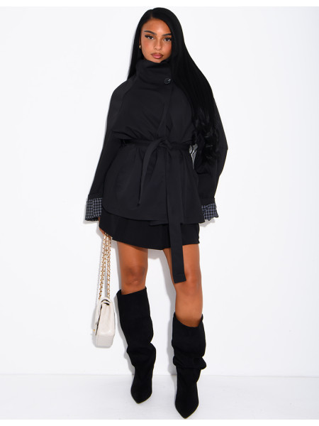 Mid-length belted trench coat with a stand-up collar, checked lapels and checked sleeves