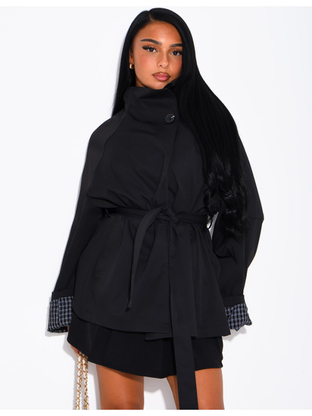 Mid-length belted trench coat with a stand-up collar, checked lapels and checked sleeves