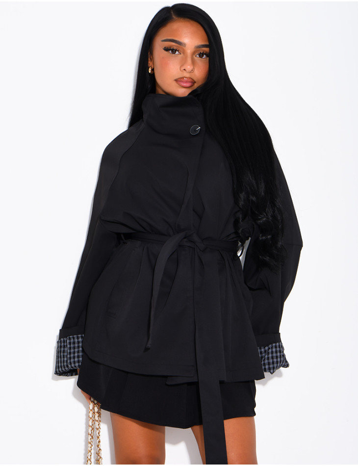 Mid-length belted trench coat with a stand-up collar, checked lapels and checked sleeves