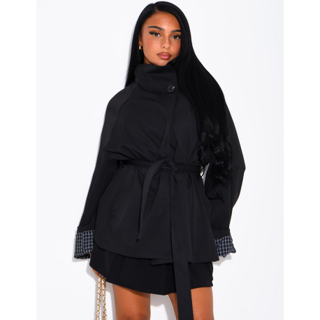 Mid-length belted trench coat with a stand-up collar, checked lapels and checked sleeves