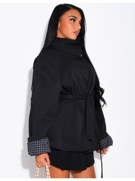 Mid-length belted trench coat with a stand-up collar, checked lapels and checked sleeves