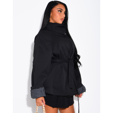 Mid-length belted trench coat with a stand-up collar, checked lapels and checked sleeves