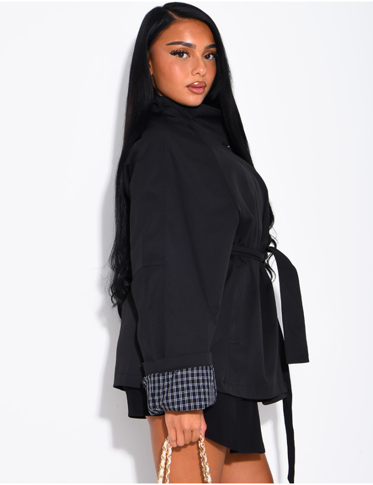 Mid-length belted trench coat with a stand-up collar, checked lapels and checked sleeves