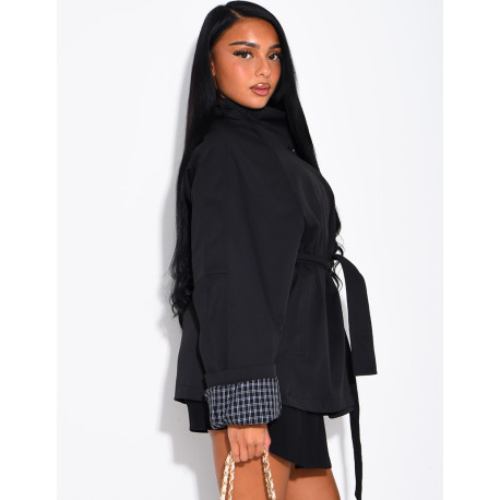 Mid-length belted trench coat with a stand-up collar, checked lapels and checked sleeves