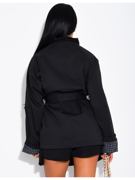 Mid-length belted trench coat with a stand-up collar, checked lapels and checked sleeves