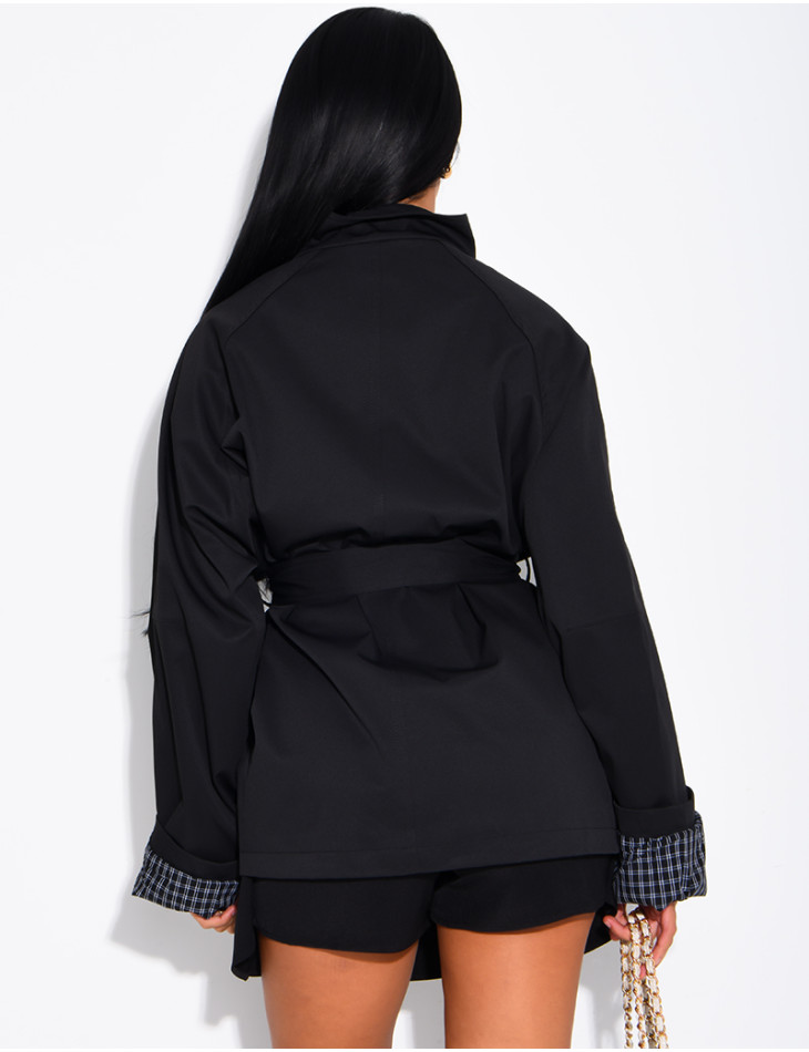 Mid-length belted trench coat with a stand-up collar, checked lapels and checked sleeves