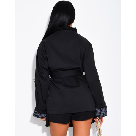 Mid-length belted trench coat with a stand-up collar, checked lapels and checked sleeves