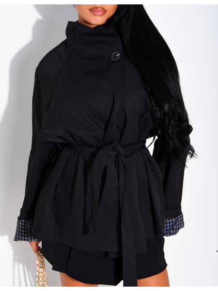 Mid-length belted trench coat with a stand-up collar, checked lapels and checked sleeves