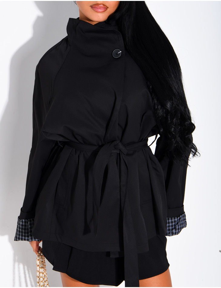 Mid-length belted trench coat with a stand-up collar, checked lapels and checked sleeves