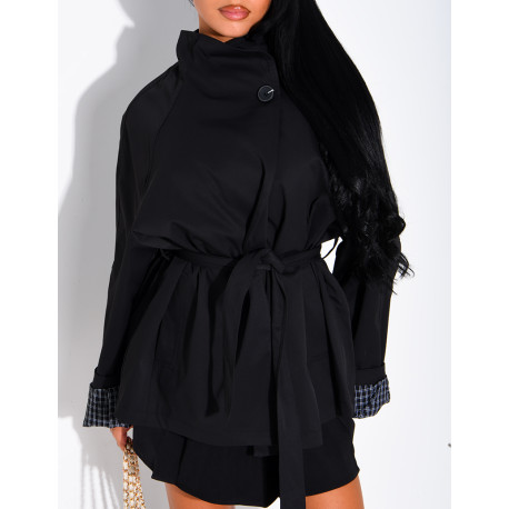 Mid-length belted trench coat with a stand-up collar, checked lapels and checked sleeves