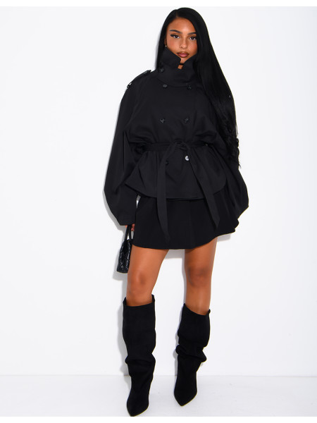 Short trench coat with a stand-up collar, ties at the waist