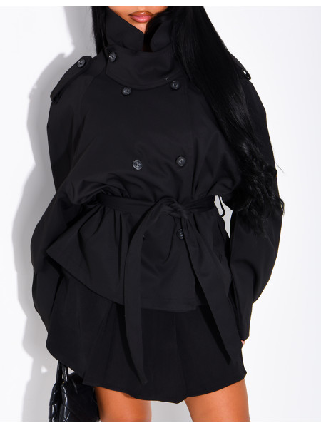 Short trench coat with a stand-up collar, ties at the waist
