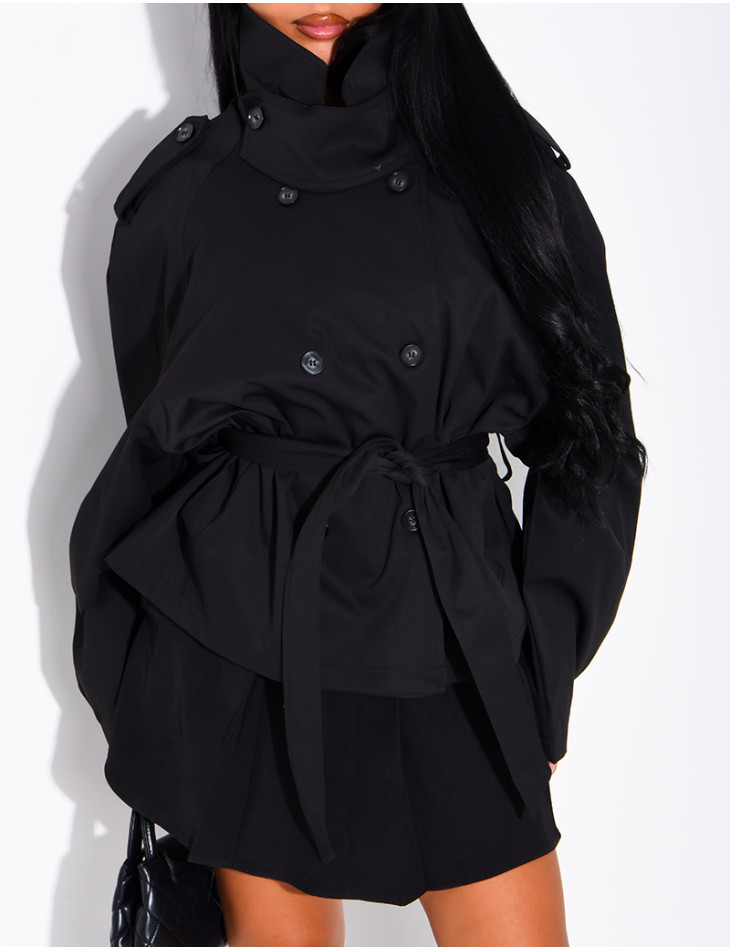 Short trench coat with a stand-up collar, ties at the waist