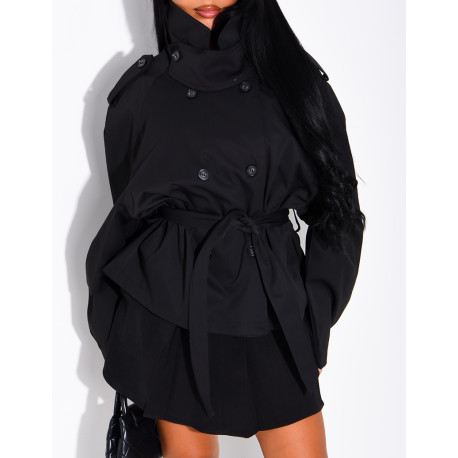 Short trench coat with a stand-up collar, ties at the waist