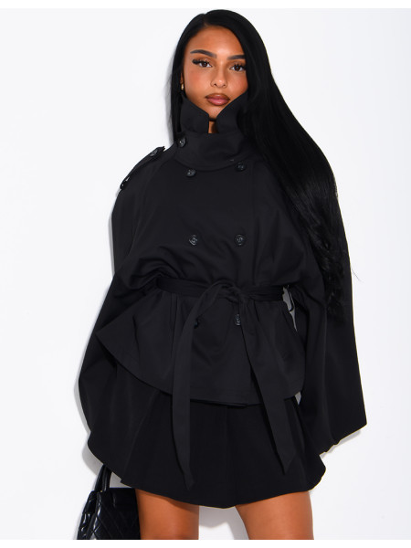 Short trench coat with a stand-up collar, ties at the waist