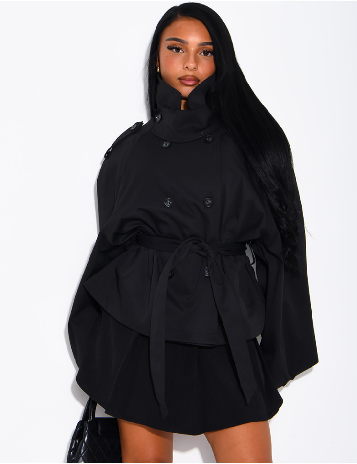 Short trench coat with a stand-up collar, ties at the waist