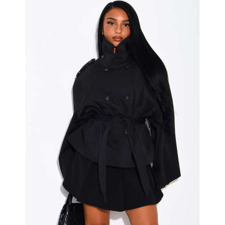 Short trench coat with a stand-up collar, ties at the waist