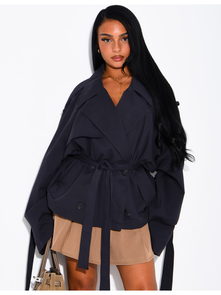 Oversized short trench coat with drawstring cuffs