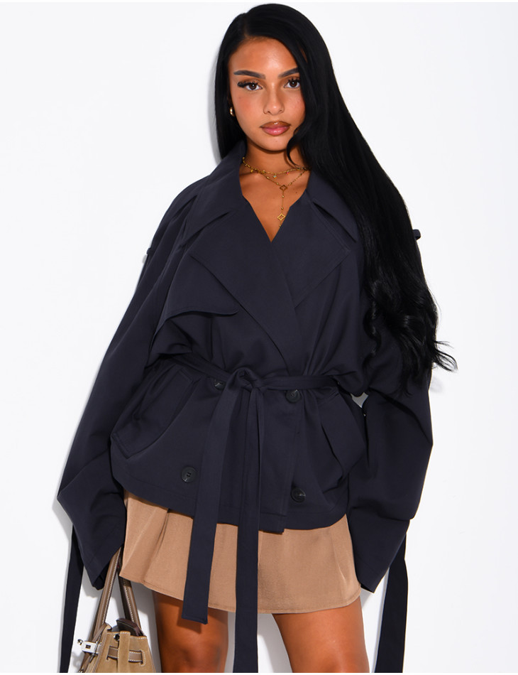 Oversized short trench coat with drawstring cuffs