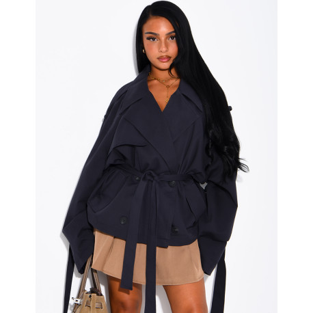 Oversized short trench coat with drawstring cuffs