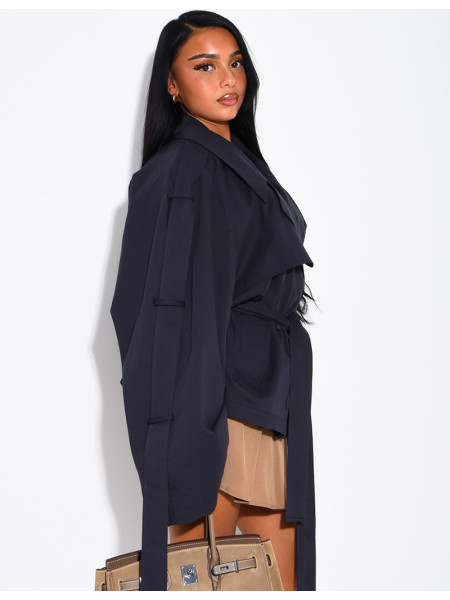 Oversized short trench coat with drawstring cuffs