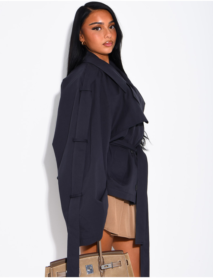 Oversized short trench coat with drawstring cuffs